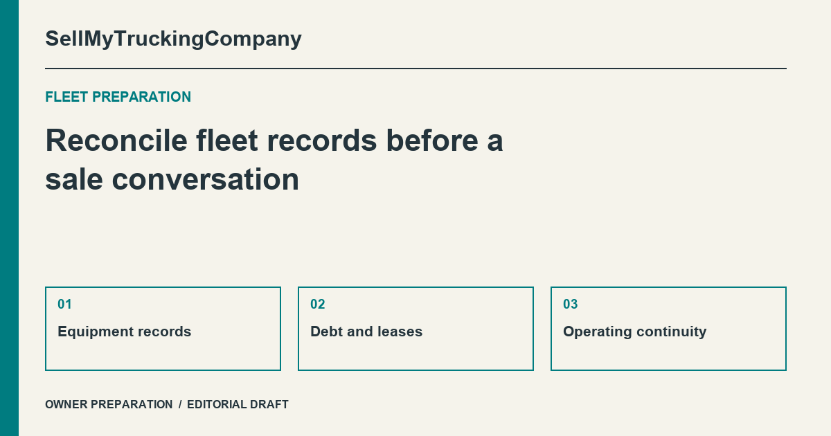 SellMyTruckingCompany preparation diagram: Equipment records, Debt and leases, Operating continuity